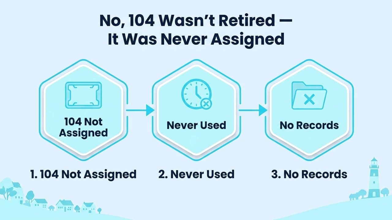 No, 104 Wasn't Retired — It Was Never Assigned