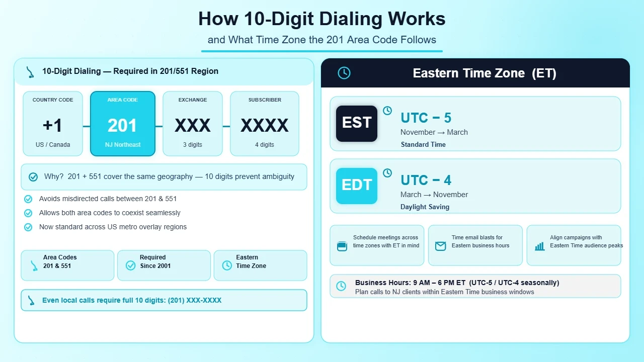 Ten-Digit Dialing Rules and Eastern Time Zone Reference