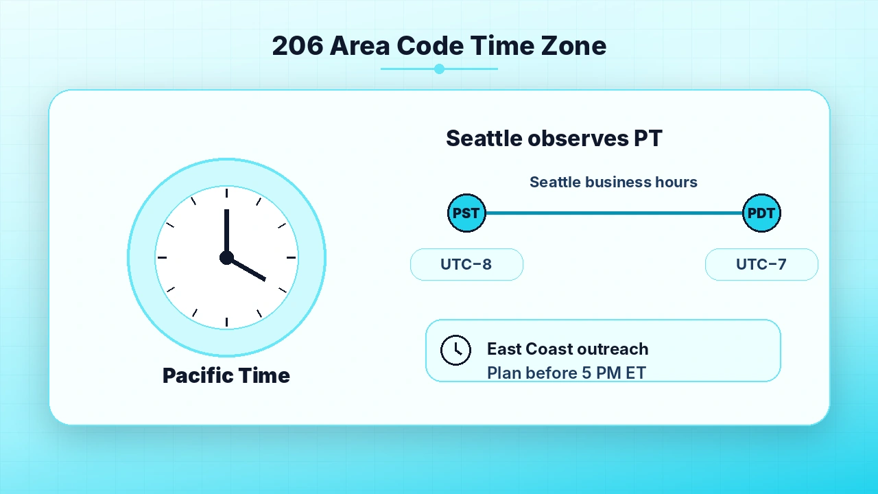 Graphic showing Pacific Time zone details for Seattle's area code