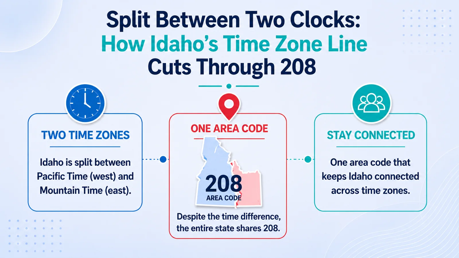 Idaho's Mountain Time and Pacific Time split, both sharing area code 208