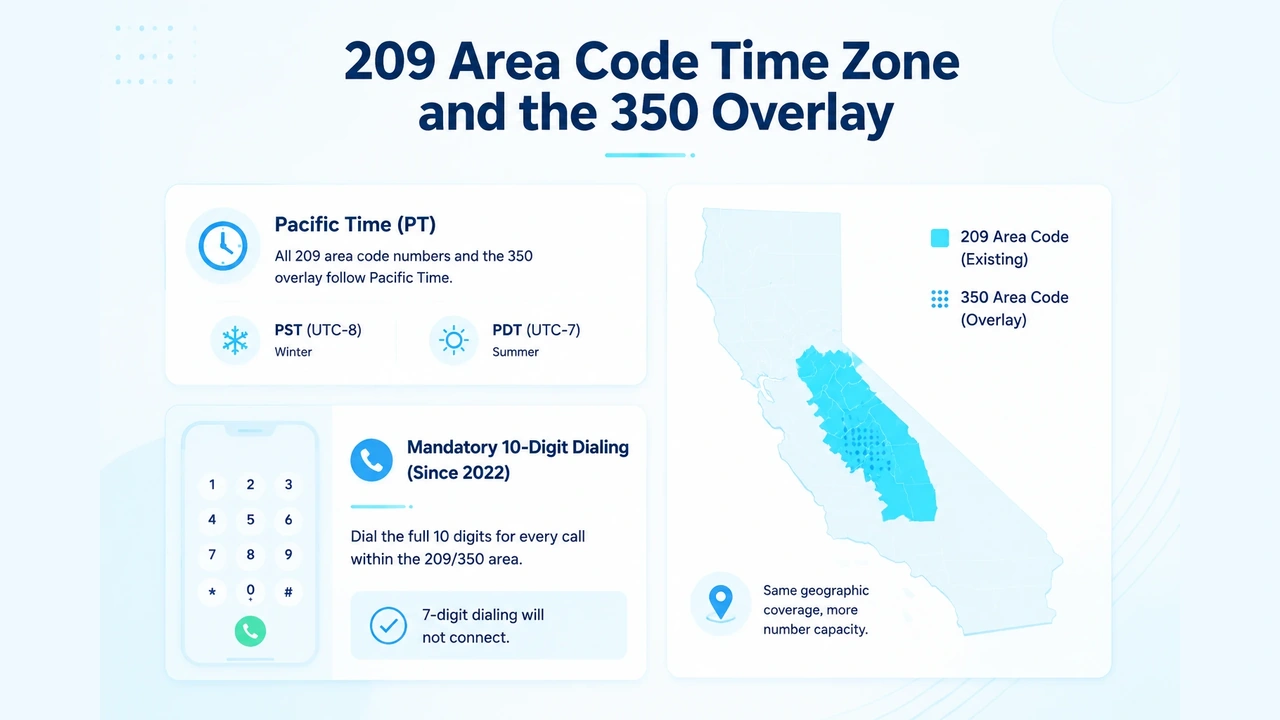 Clock and map graphic illustrating Pacific Time hours and the 350 overlay dialing zone