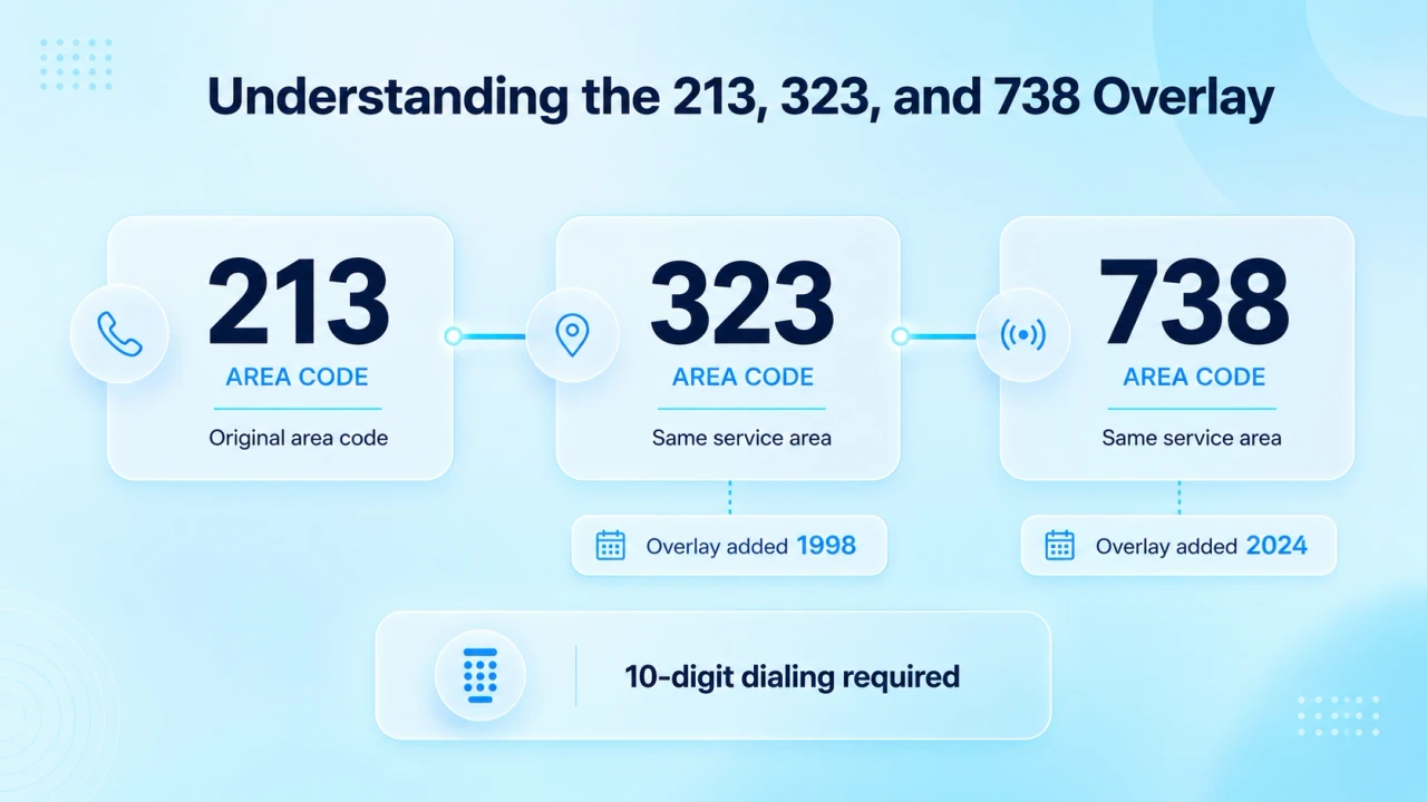Overlay Code History Diagram for 213 323 and 738 Area Codes