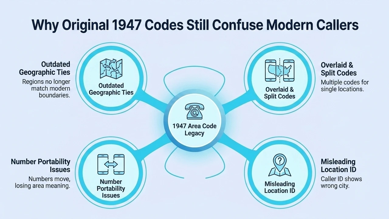 Why Original 1947 Codes Still Confuse Modern Callers — diagram of outdated geographic ties, overlaid and split codes, number portability, and misleading location ID