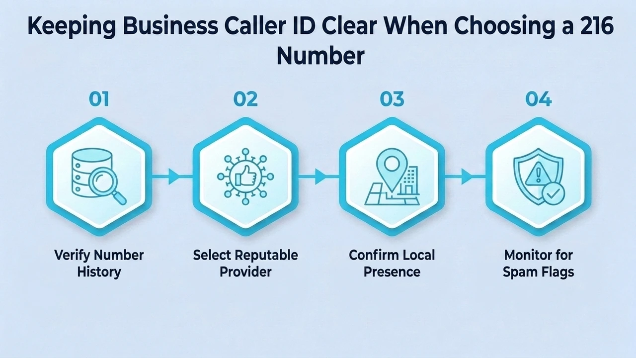 Keeping Business Caller ID Clear When Choosing a 216 Number — four steps: verify number history, select a reputable provider, confirm local presence, and monitor for spam flags