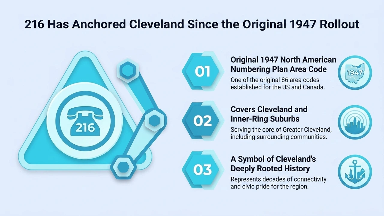 216 Has Anchored Cleveland Since the Original 1947 Rollout — infographic on the 1947 numbering plan, Cleveland coverage, and Cleveland's connectivity history