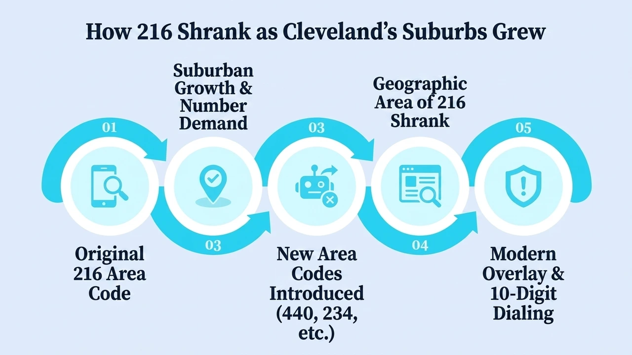 How 216 Shrank as Cleveland's Suburbs Grew — five-step timeline from the original 216 area code to suburban growth, new area codes, a shrinking territory, and modern overlay dialing