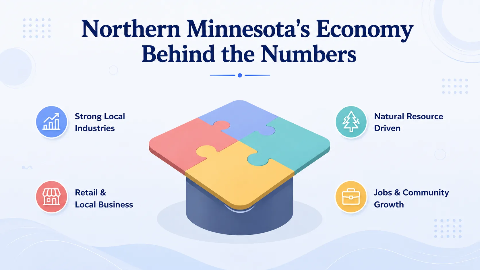 Northern Minnesota's Economy Behind the Numbers — infographic showing strong local industries, natural resource driven, retail and local business, and jobs and community growth