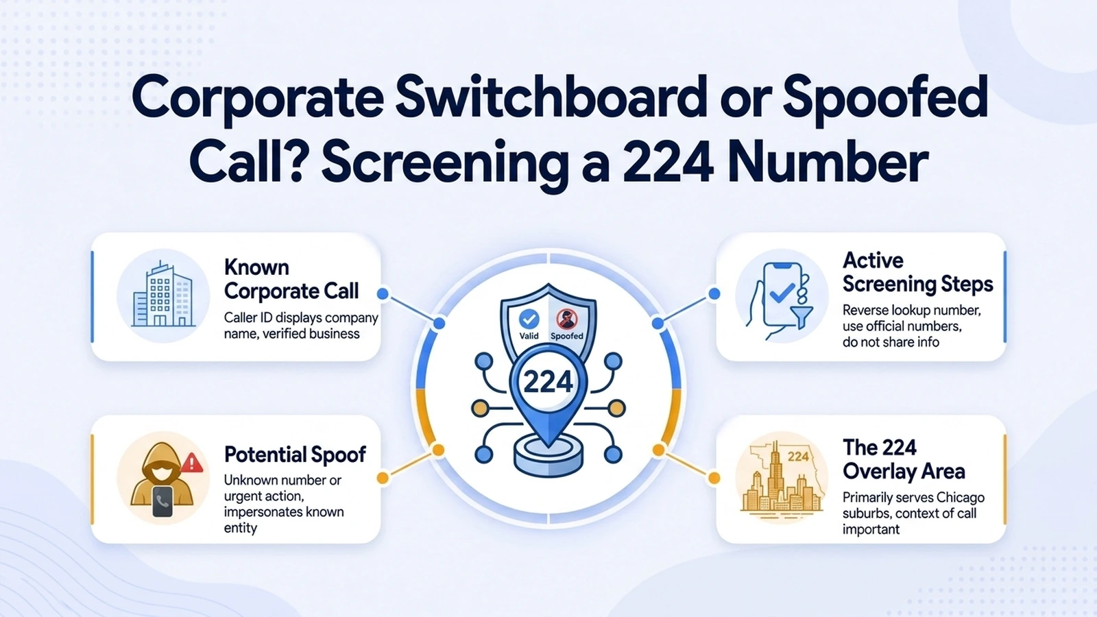 Corporate Switchboard or Spoofed Call? Screening a 224 Number — comparison of a known corporate call, a potential spoof, active screening steps, and the 224 overlay area