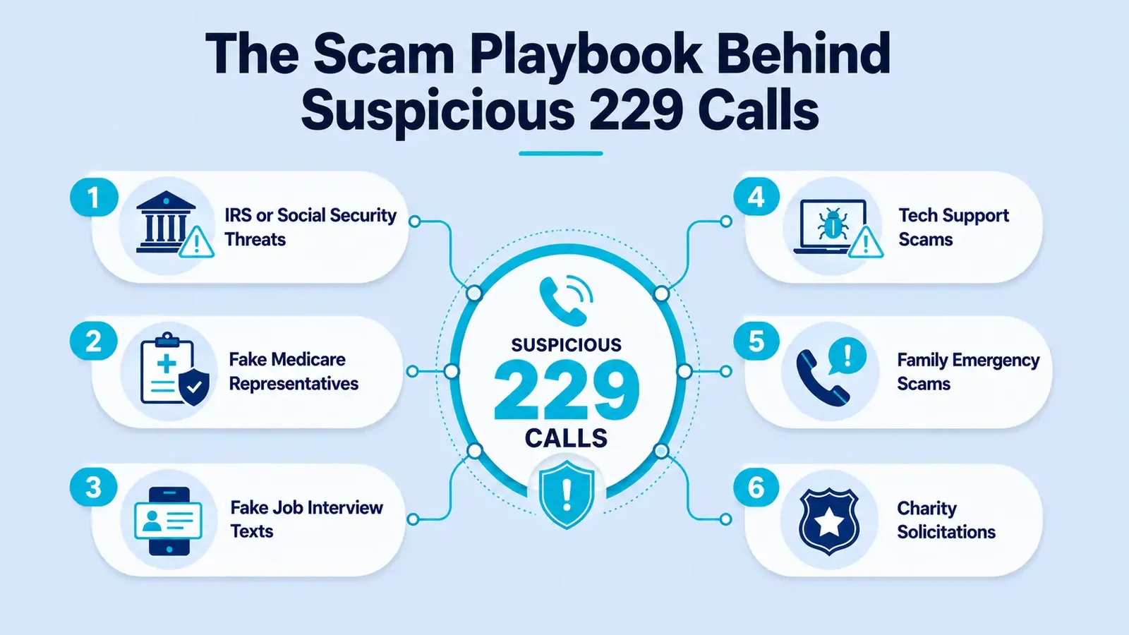 The Scam Playbook Behind Suspicious 229 Calls — six red flags including IRS threats, fake Medicare reps, fake job texts, tech support scams, family emergency scams, and charity solicitations