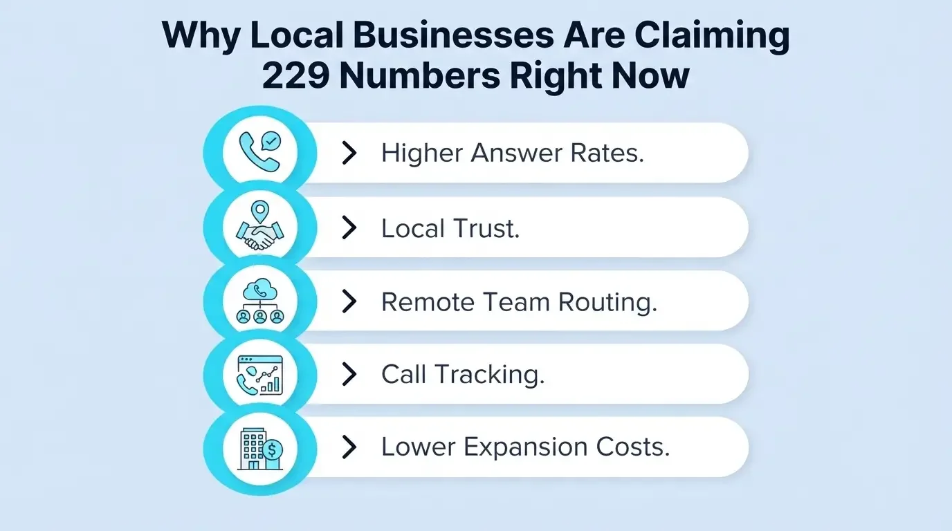 Why Local Businesses Are Claiming 229 Numbers Right Now — list showing higher answer rates, local trust, remote team routing, call tracking, and lower expansion costs