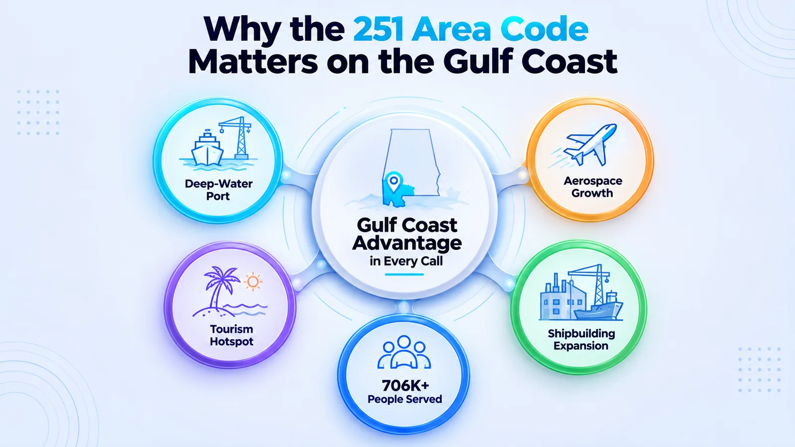 Infographic on why the 251 area code matters on the Gulf Coast, covering the deep-water port, aerospace growth, and shipbuilding expansion