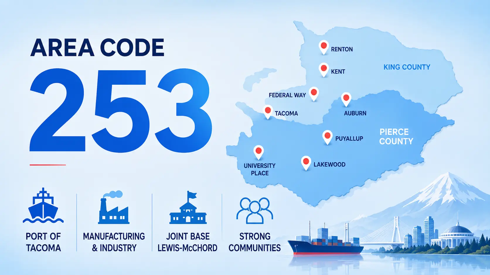 Map of the 253 area code showing Tacoma, Federal Way, Auburn, Puyallup, Lakewood, Kent, Renton, and University Place across Pierce and King counties
