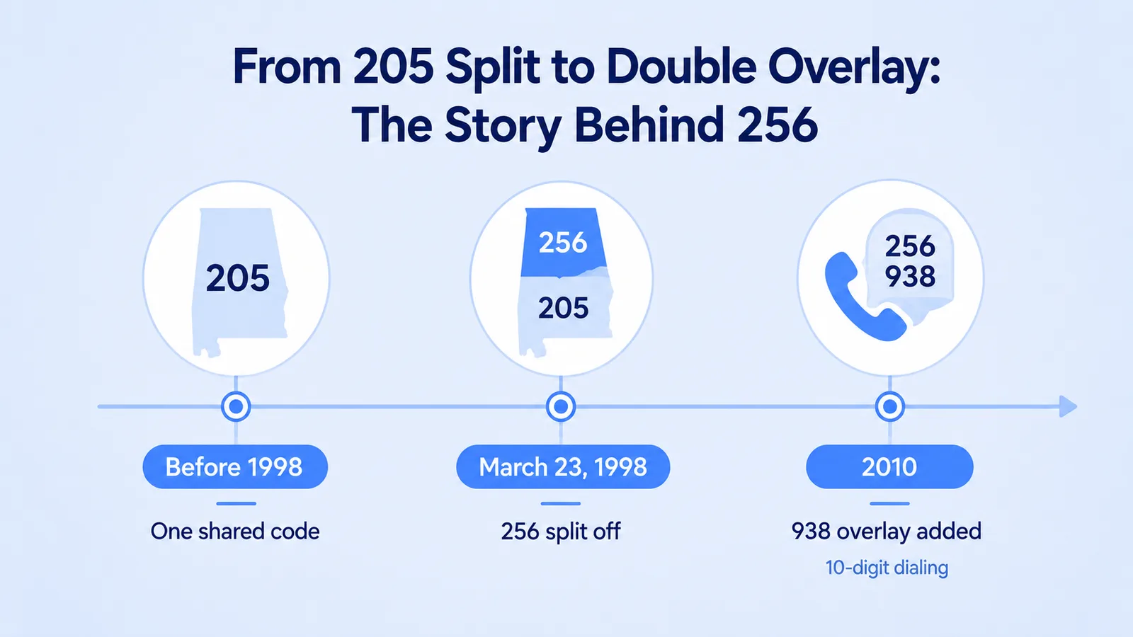 Timeline showing Alabama's 205 area code before 1998, the 256 prefix splitting off on March 23, 1998, and the 938 overlay added in 2010 requiring 10-digit dialing