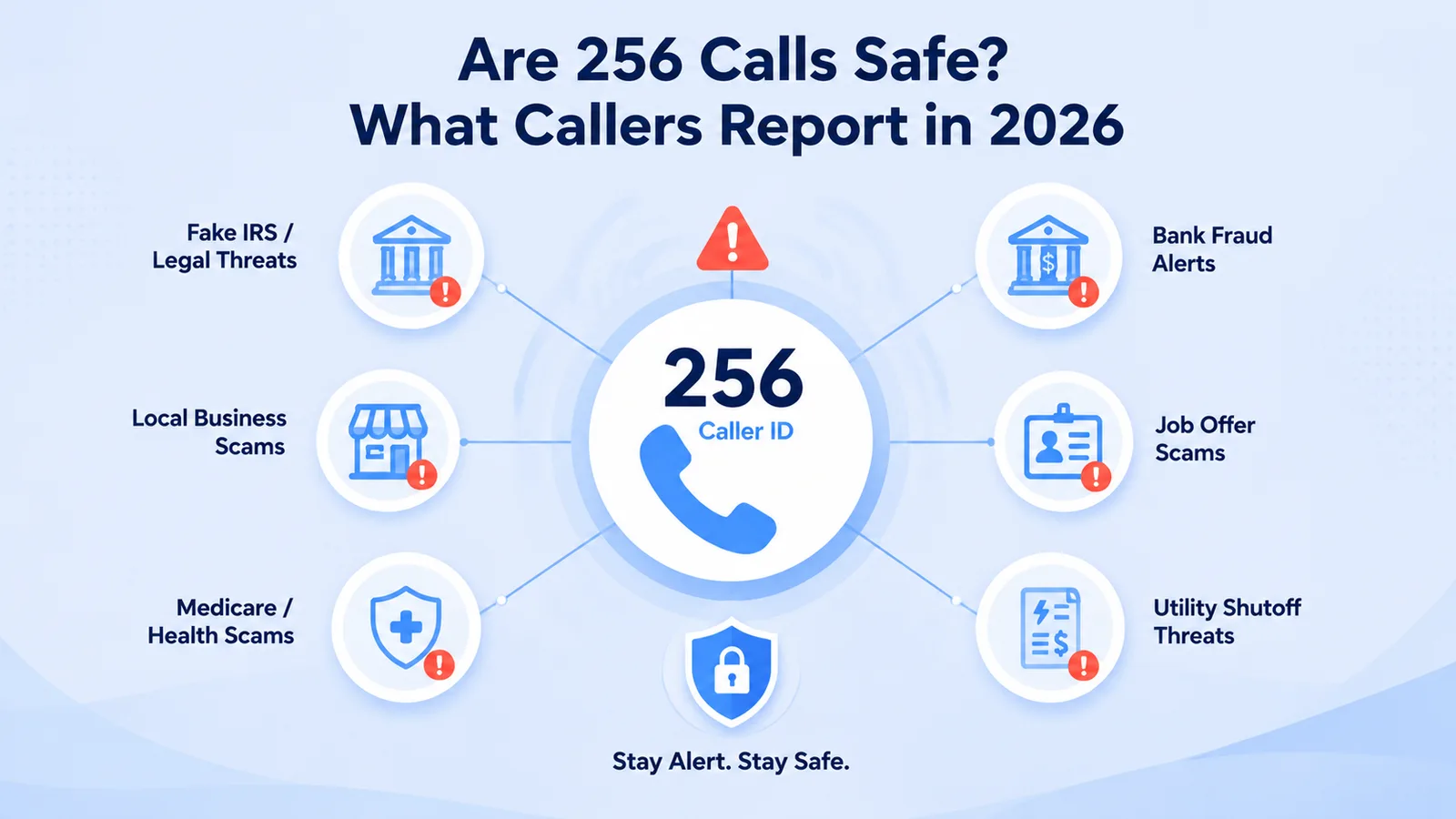 Infographic of common 256 caller ID scams reported in 2026, including fake IRS and legal threats, local business scams, Medicare and health scams, bank fraud alerts, job offer scams, and utility shutoff threats
