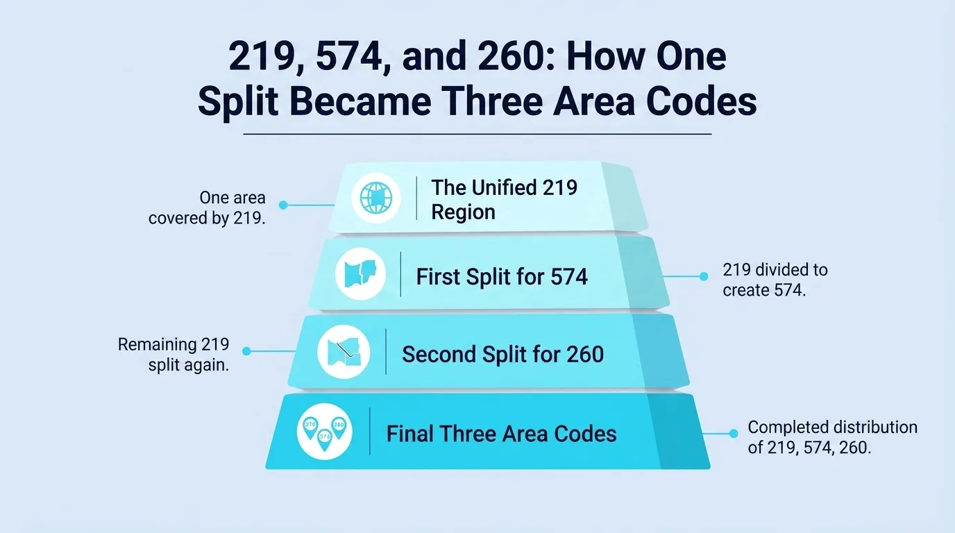 219, 574, and 260: How One Split Became Three Area Codes — pyramid diagram showing the original 219 territory dividing into three final area codes