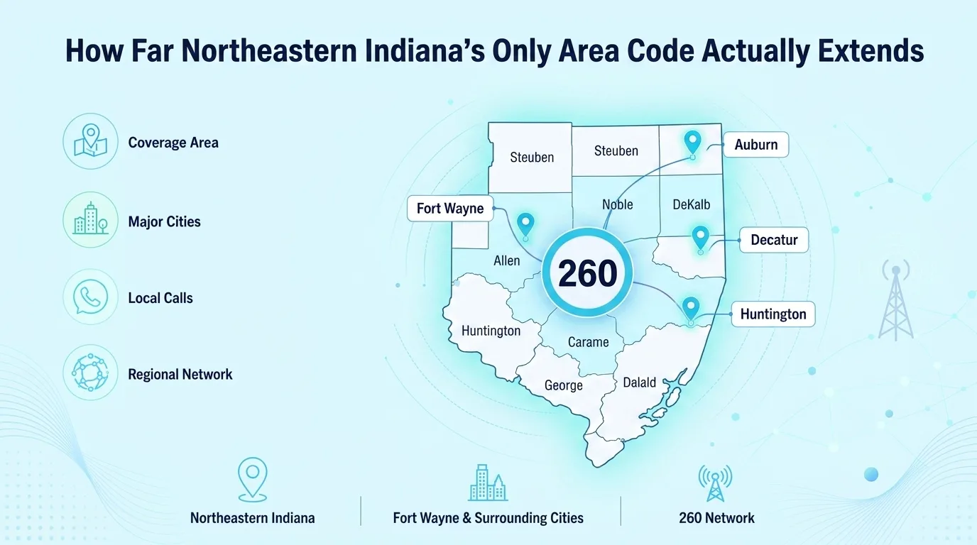How Far Northeastern Indiana's Only Area Code Actually Extends — map showing 260 coverage across Fort Wayne, Auburn, Decatur, and Huntington