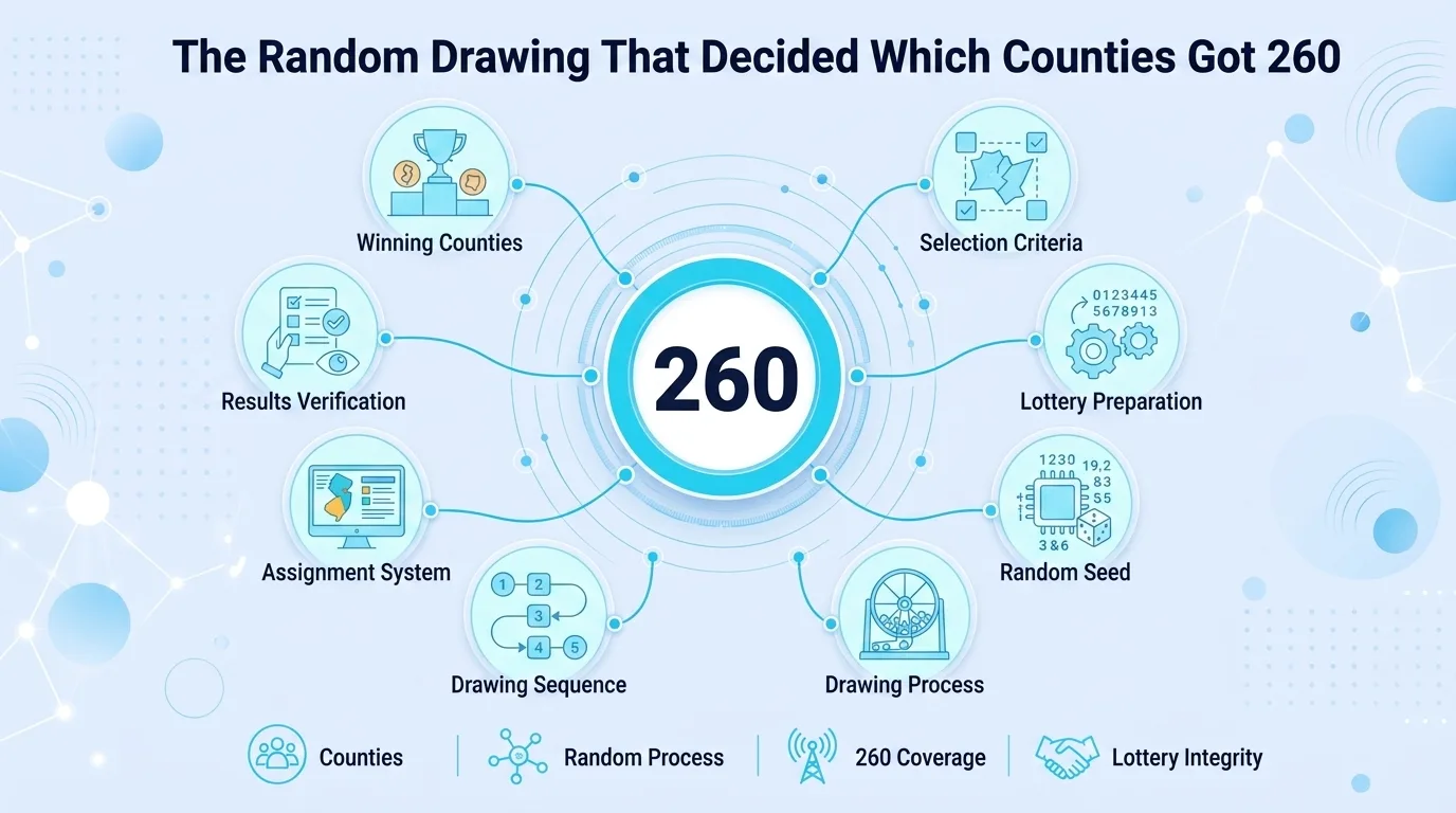 The Random Drawing That Decided Which Counties Got 260 — infographic showing the lottery process that assigned area codes 219, 260, and 574