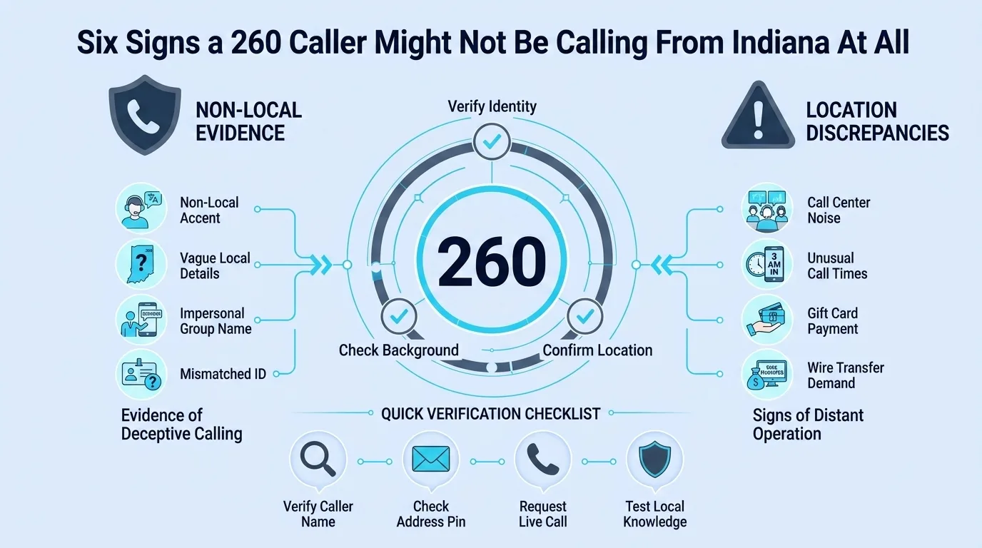 Six Signs a 260 Caller Might Not Be Calling From Indiana At All — checklist of warning signs for spoofed calls using the 260 area code