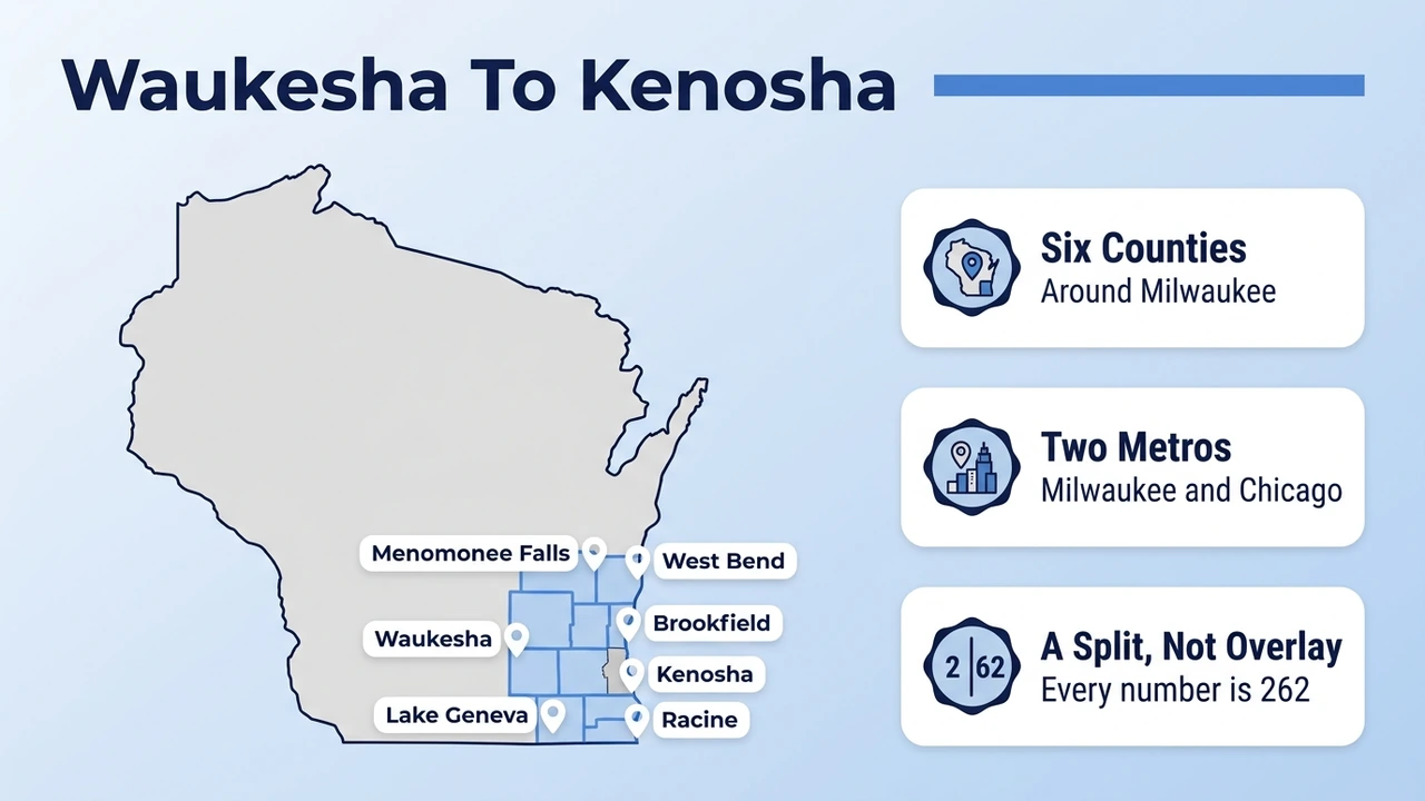 Waukesha To Kenosha — map of southeastern Wisconsin cities covered by the 262 area code