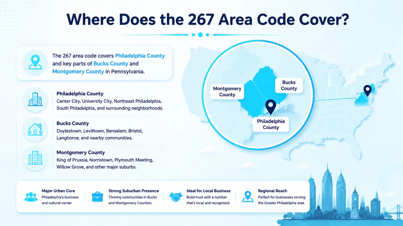 Map of Philadelphia-Area Counties Covered by the 267 Prefix