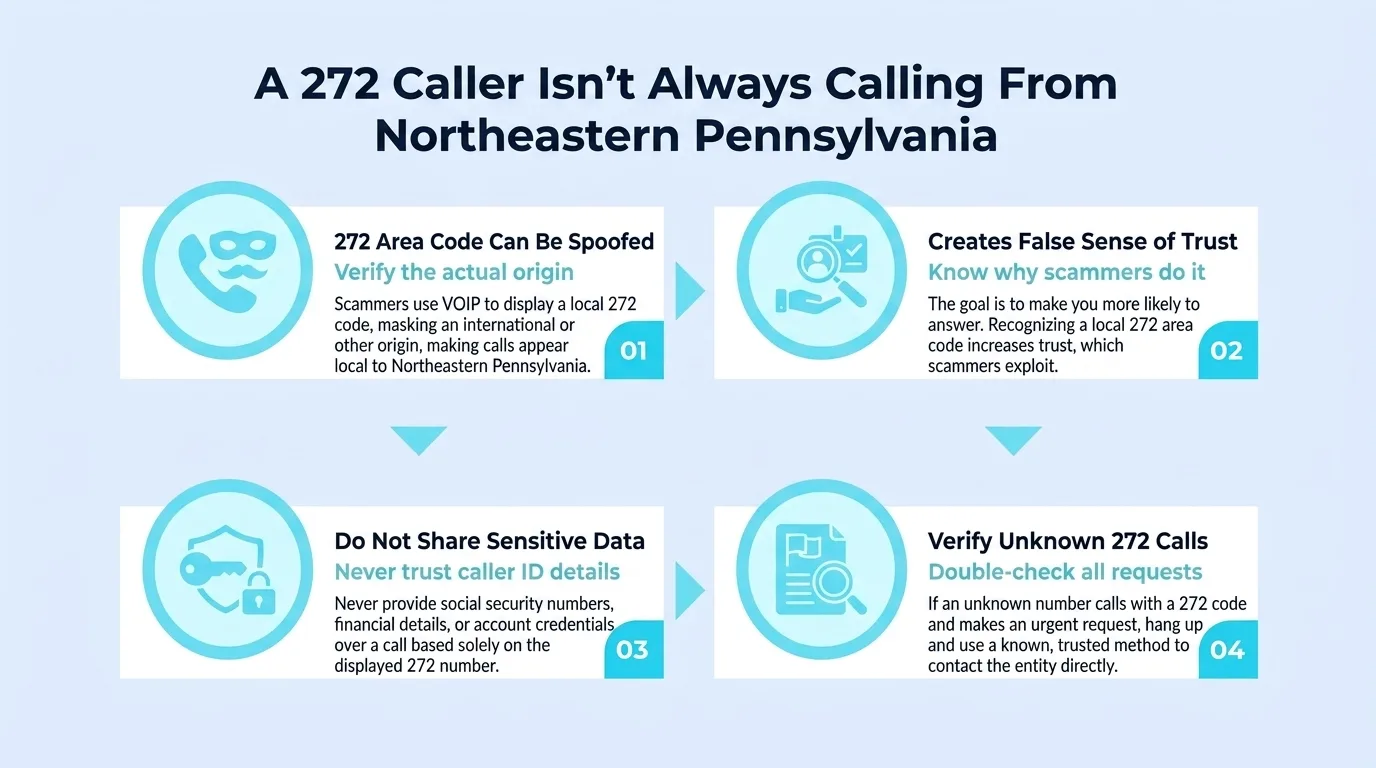 A 272 Caller Isn't Always Calling From Northeastern Pennsylvania — four warning signs covering spoofing, false trust, sensitive data, and verifying unknown calls