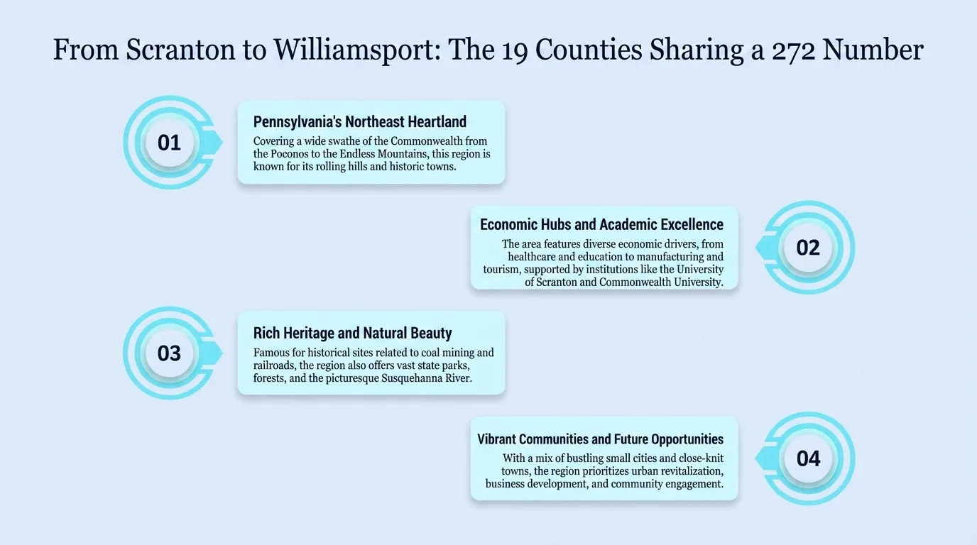 From Scranton to Williamsport: The 19 Counties Sharing a 272 Number — infographic listing Pennsylvania's northeast heartland, economic hubs, heritage, and vibrant communities across the 272 footprint