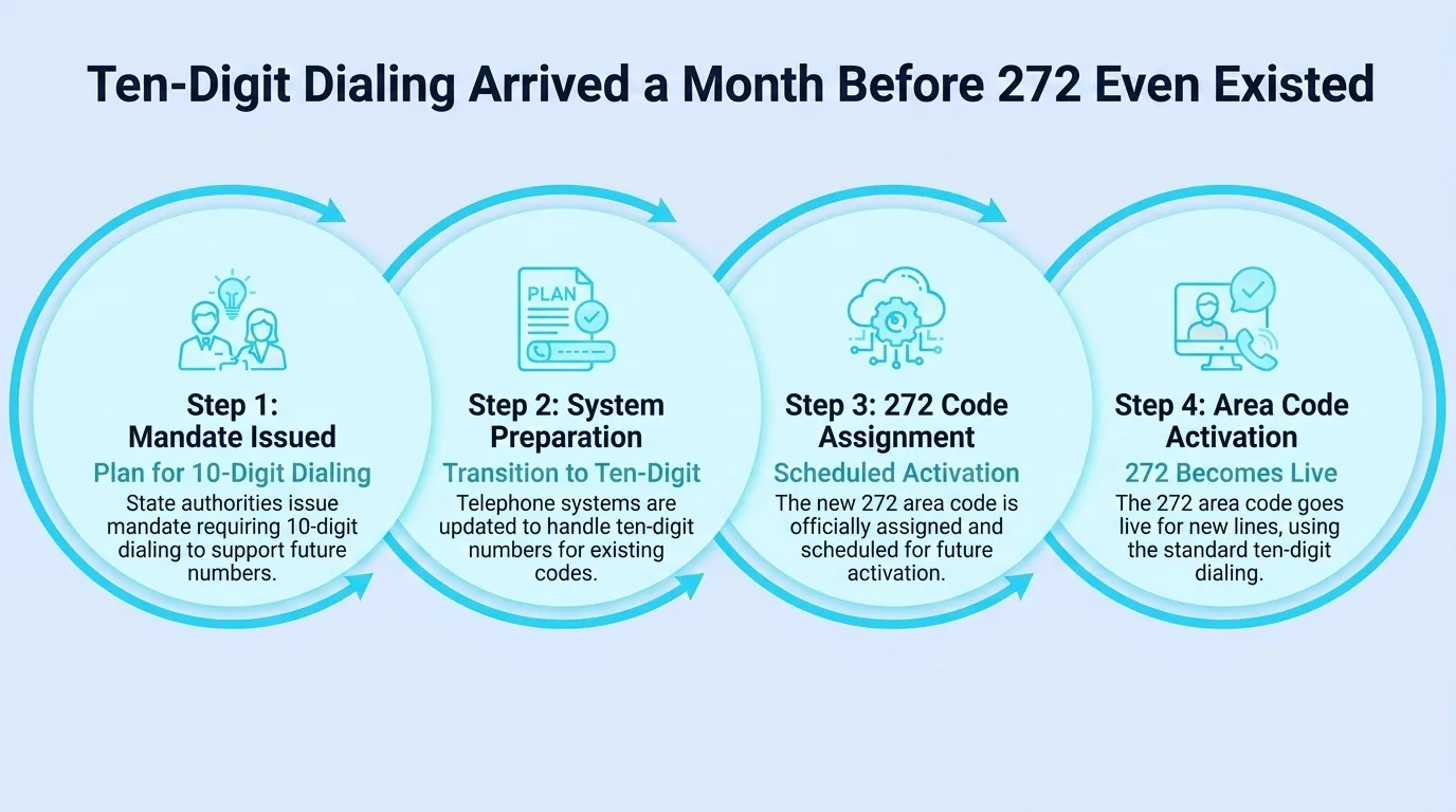 Ten-Digit Dialing Arrived a Month Before 272 Even Existed — four-step timeline showing the dialing mandate, system preparation, code assignment, and area code activation