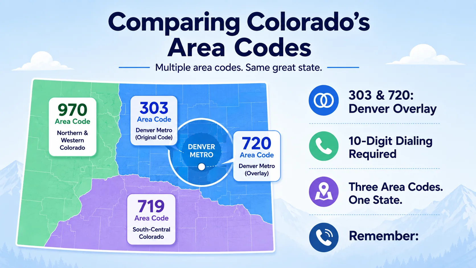 Comparing Colorado's Area Codes — map showing the 970 area code in the north and west, 303 and 720 overlaying the Denver metro, and 719 in south-central Colorado