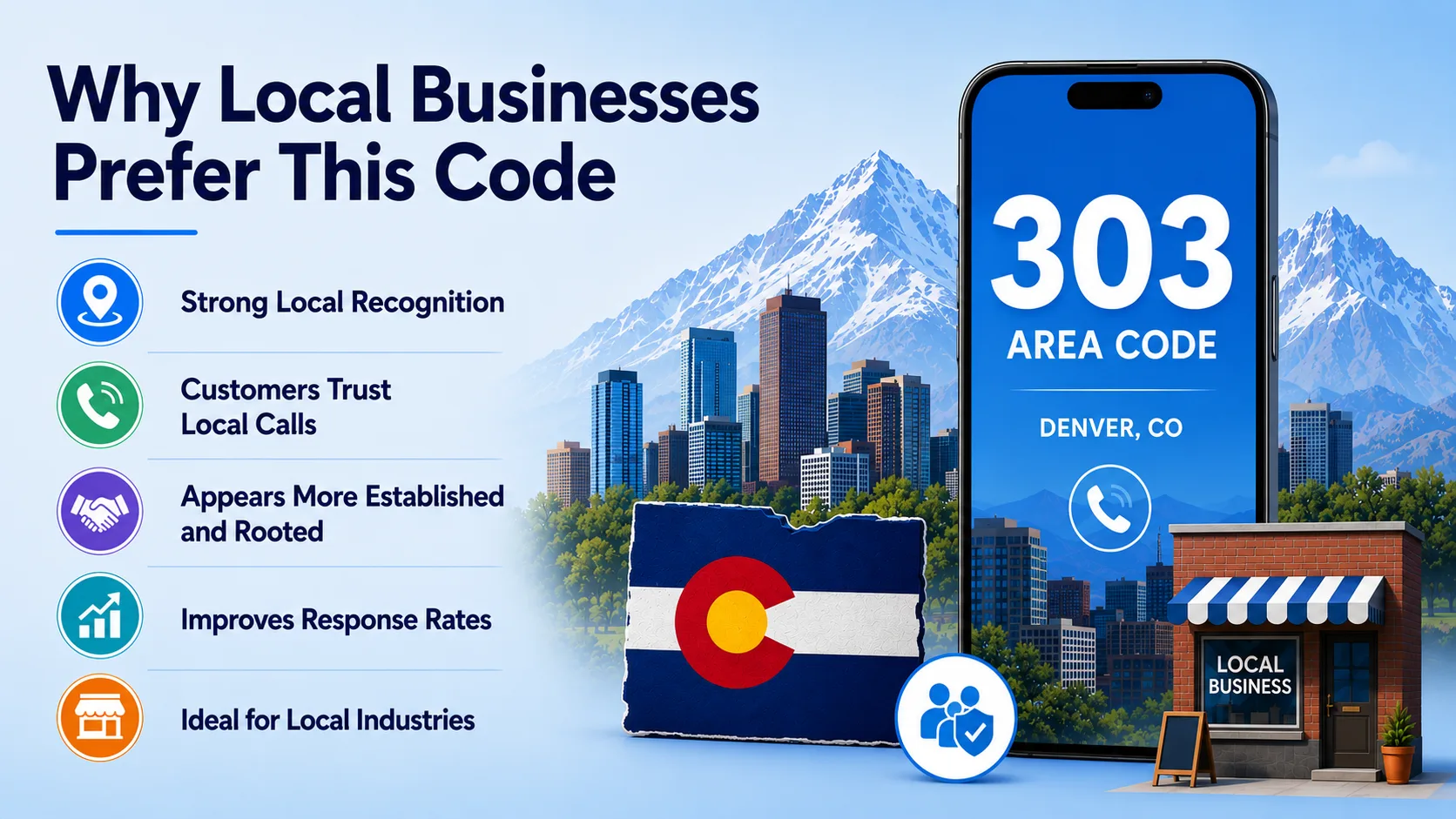 Why Local Businesses Prefer This Code — a 303 area code phone in front of the Denver skyline and Colorado flag, listing strong local recognition, customer trust, and improved response rates