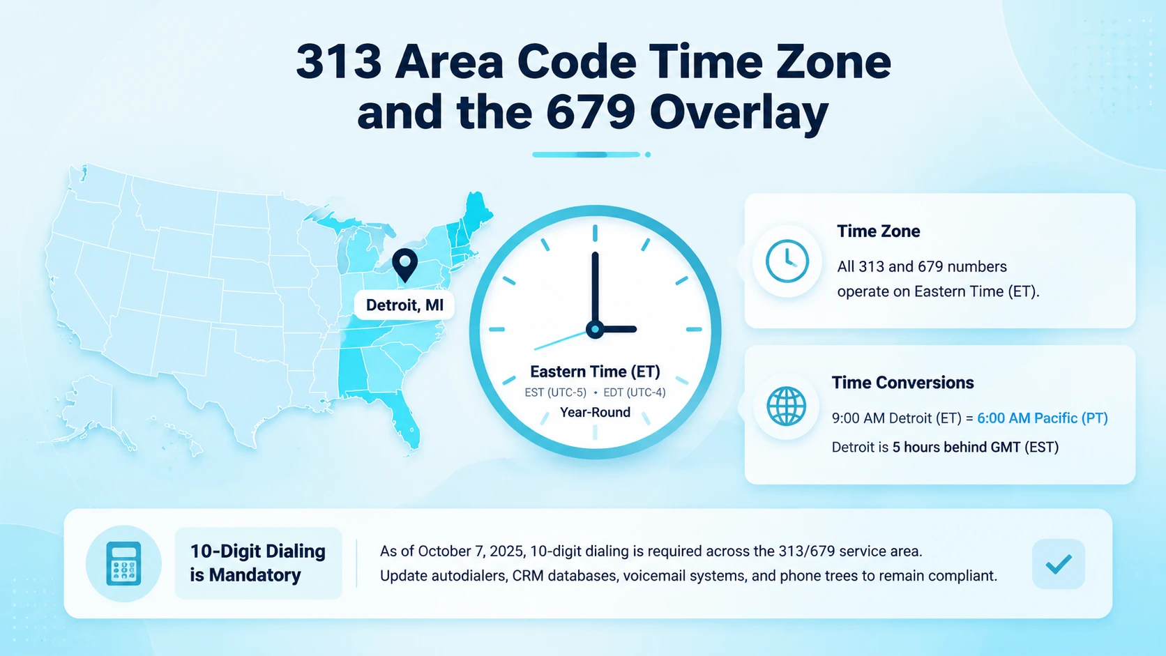 Eastern Time Zone details for 313 and 679 area code numbers with mandatory 10-digit dialing requirements