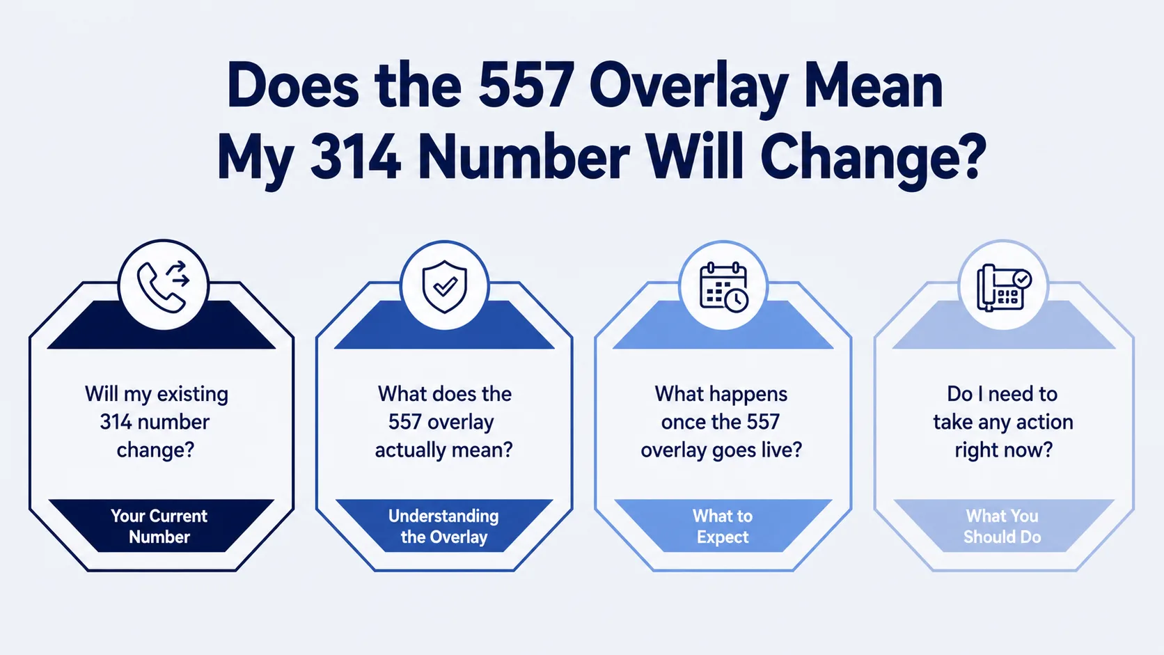 Does the 557 Overlay Mean My 314 Number Will Change? — four-panel infographic covering your current number, understanding the overlay, what to expect, and what you should do
