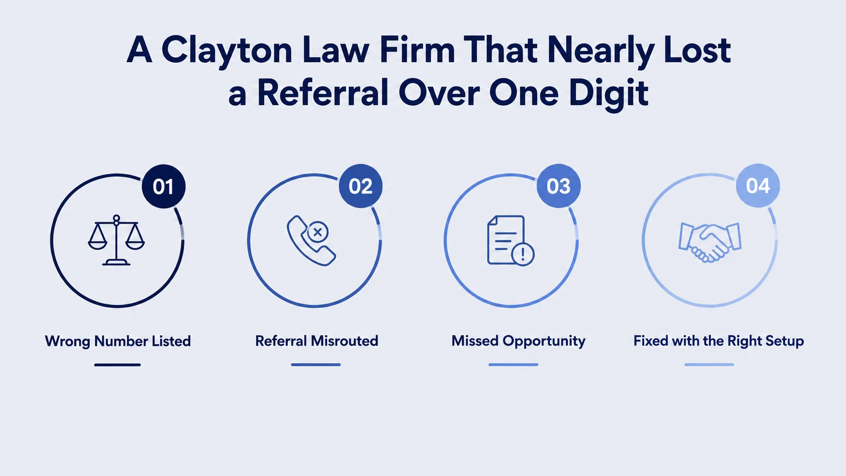 A Clayton Law Firm That Nearly Lost a Referral Over One Digit — four-step infographic showing wrong number listed, referral misrouted, missed opportunity, and fixed with the right setup