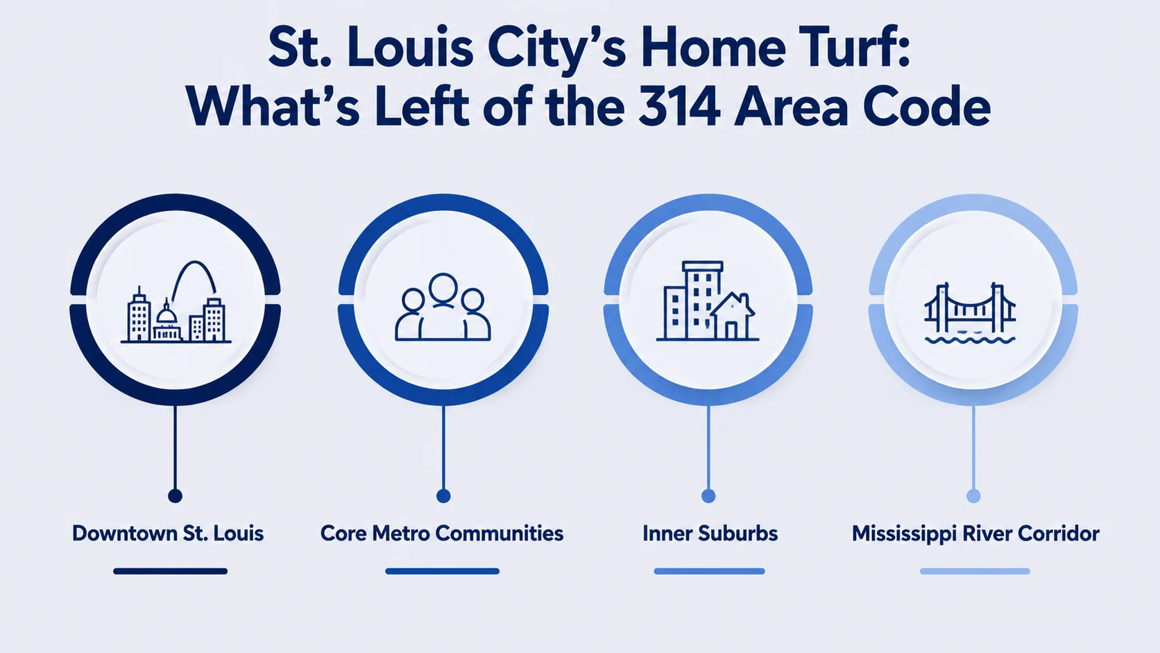 St. Louis City's Home Turf: What's Left of the 314 Area Code — infographic showing downtown St. Louis, core metro communities, inner suburbs, and the Mississippi River corridor