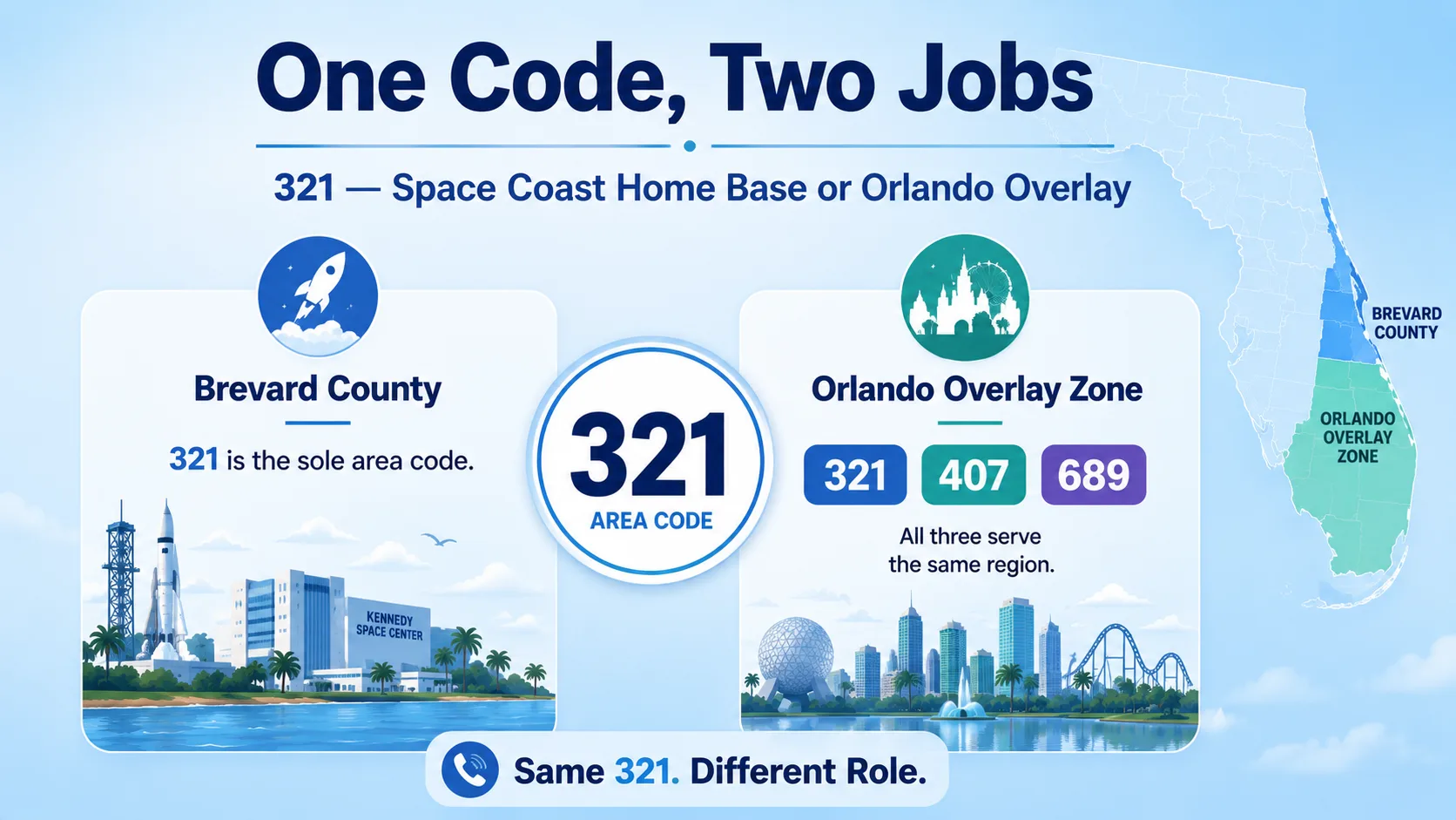 One Code, Two Jobs — 321 as Brevard County's sole area code versus the shared Orlando overlay zone alongside 407 and 689