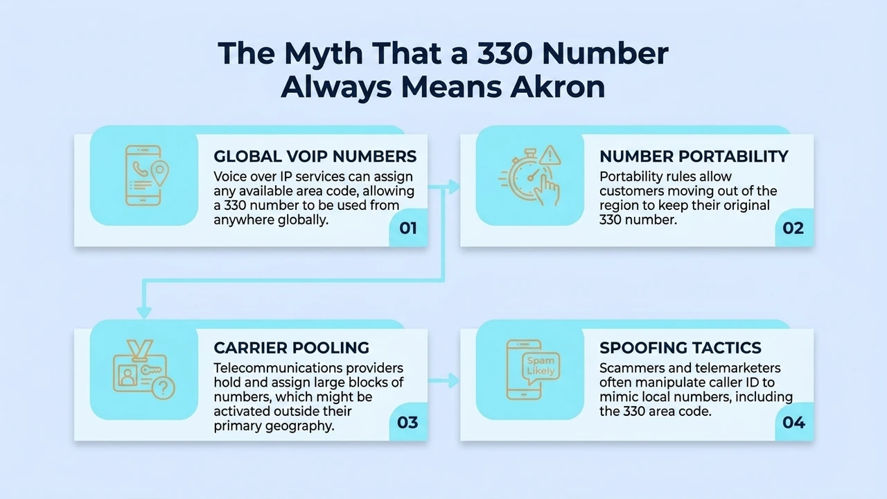 The Myth That a 330 Number Always Means Akron — four reasons a 330 number is not always local: global VoIP numbers, number portability, carrier pooling, and spoofing tactics