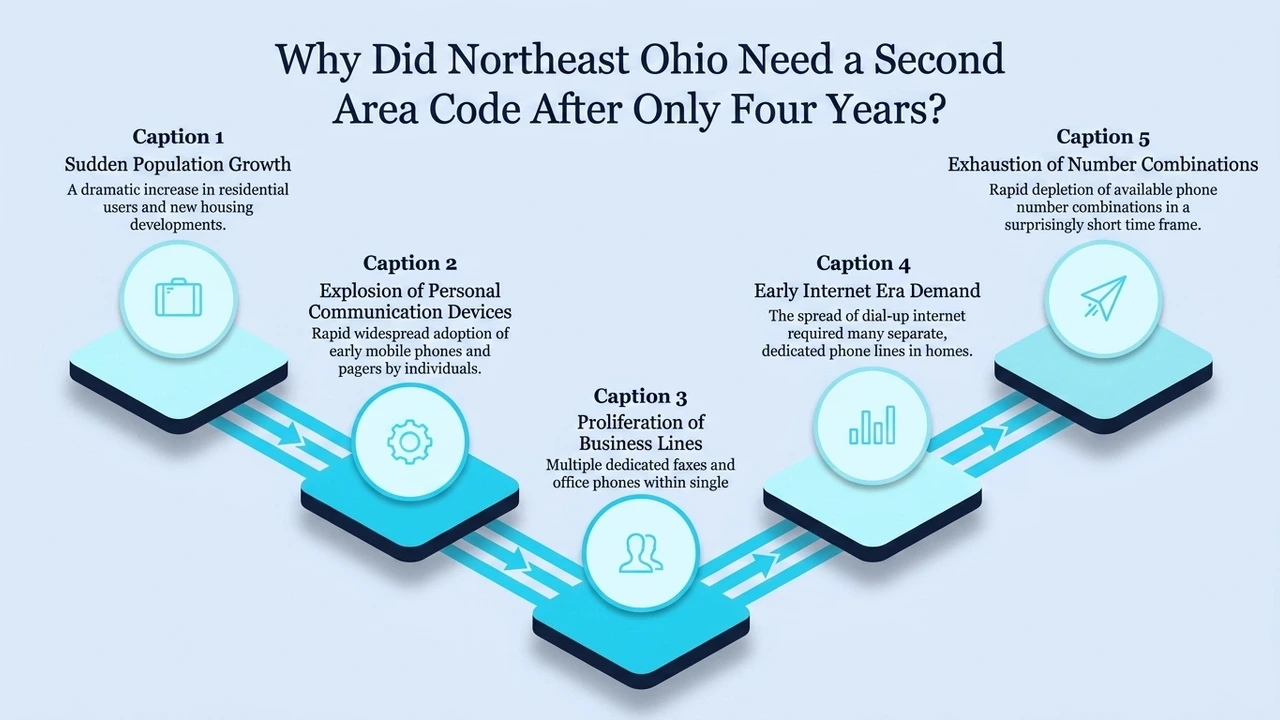 Why Did Northeast Ohio Need a Second Area Code After Only Four Years? — timeline of sudden population growth, communication devices, business lines, internet demand, and number exhaustion