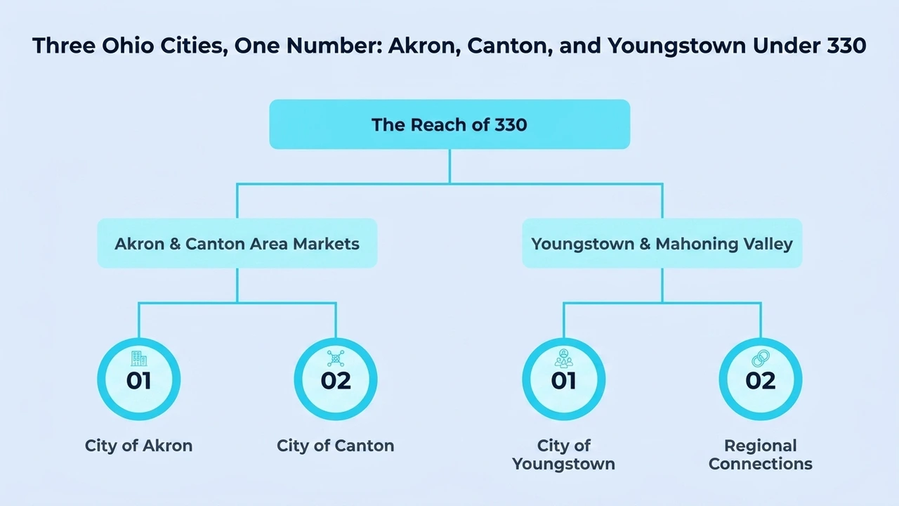 Three Ohio Cities, One Number: Akron, Canton, and Youngstown Under 330 — diagram of the 330 reach split between Akron/Canton area markets and the Youngstown/Mahoning Valley
