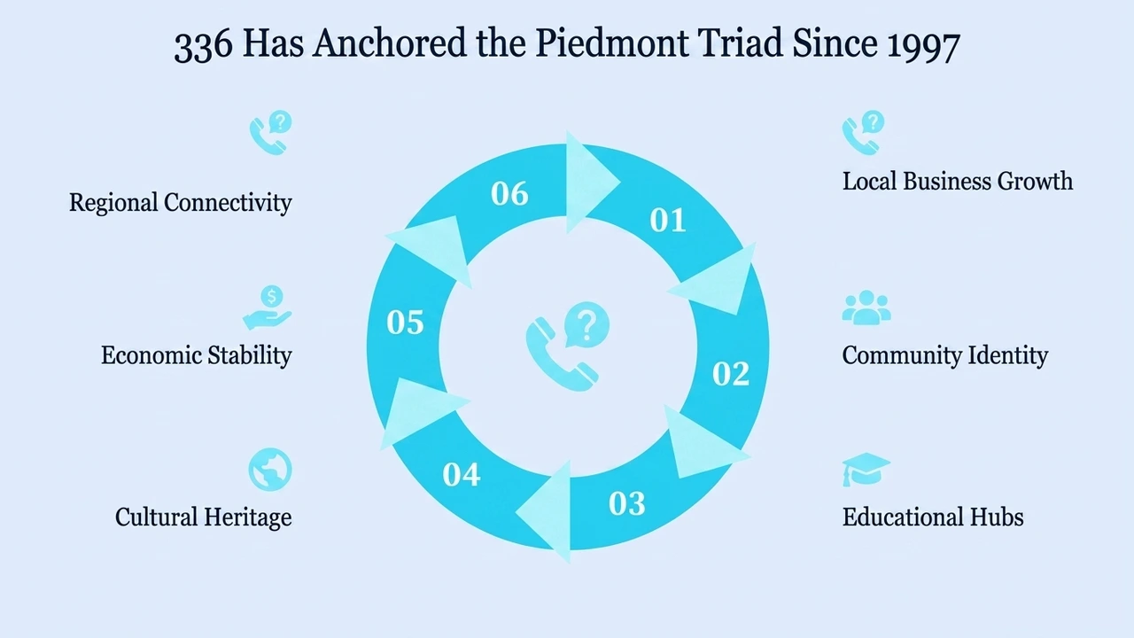 336 Has Anchored the Piedmont Triad Since 1997 — circular diagram showing regional connectivity, local business growth, community identity, educational hubs, cultural heritage, and economic stability