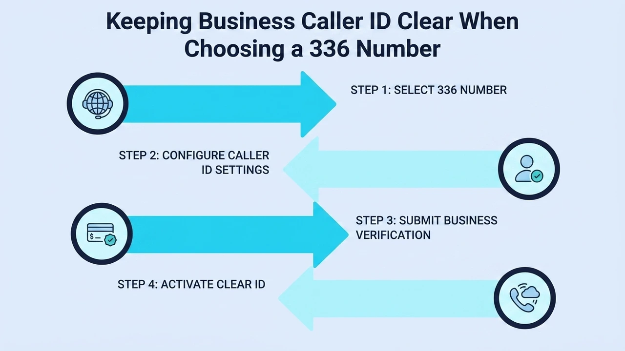 Keeping Business Caller ID Clear When Choosing a 336 Number — four-step process: select a 336 number, configure caller ID settings, submit business verification, and activate clear ID