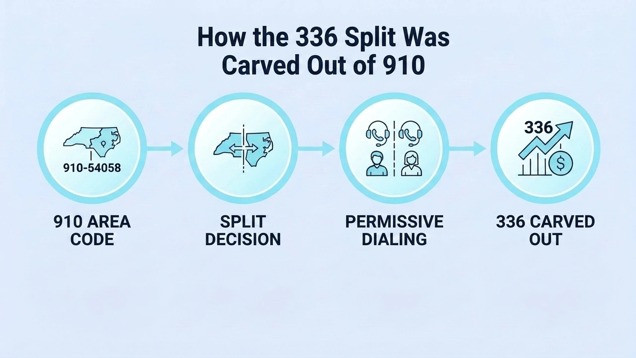 How the 336 Split Was Carved Out of 910 — four-step diagram: 910 area code, split decision, permissive dialing, and 336 carved out