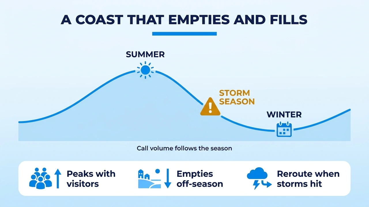 A Coast That Empties And Fills — seasonal call-volume swings across the Texas Coastal Bend