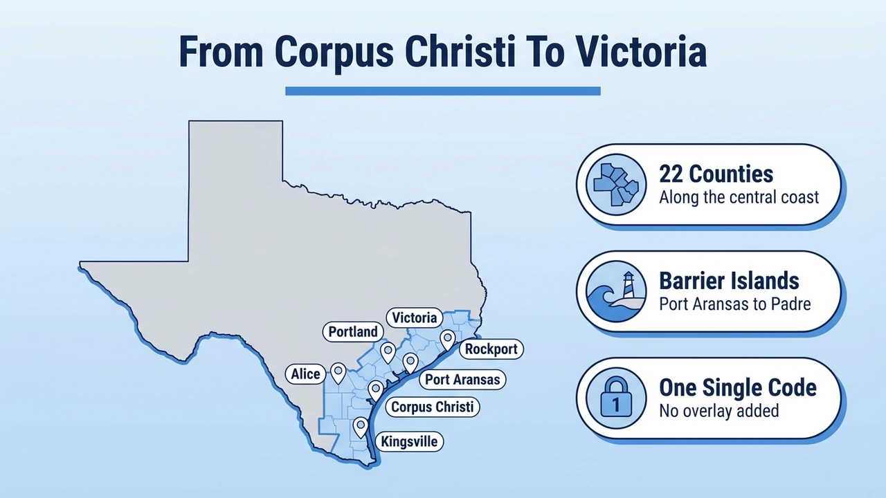 From Corpus Christi To Victoria — map of Coastal Bend cities covered by the 361 area code