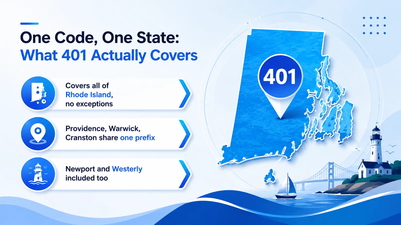 Map of the 401 area code covering the entire state of Rhode Island, including Providence, Warwick, and Newport — highlighting that no split or overlay has ever been needed