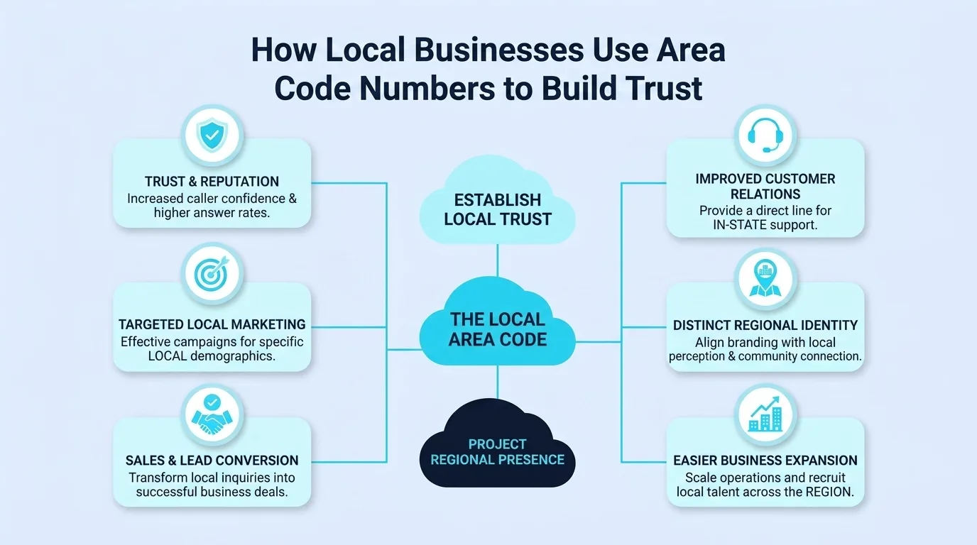 How Local Businesses Use Area Code Numbers to Build Trust — diagram of trust and reputation, targeted local marketing, sales conversion, and improved customer relations