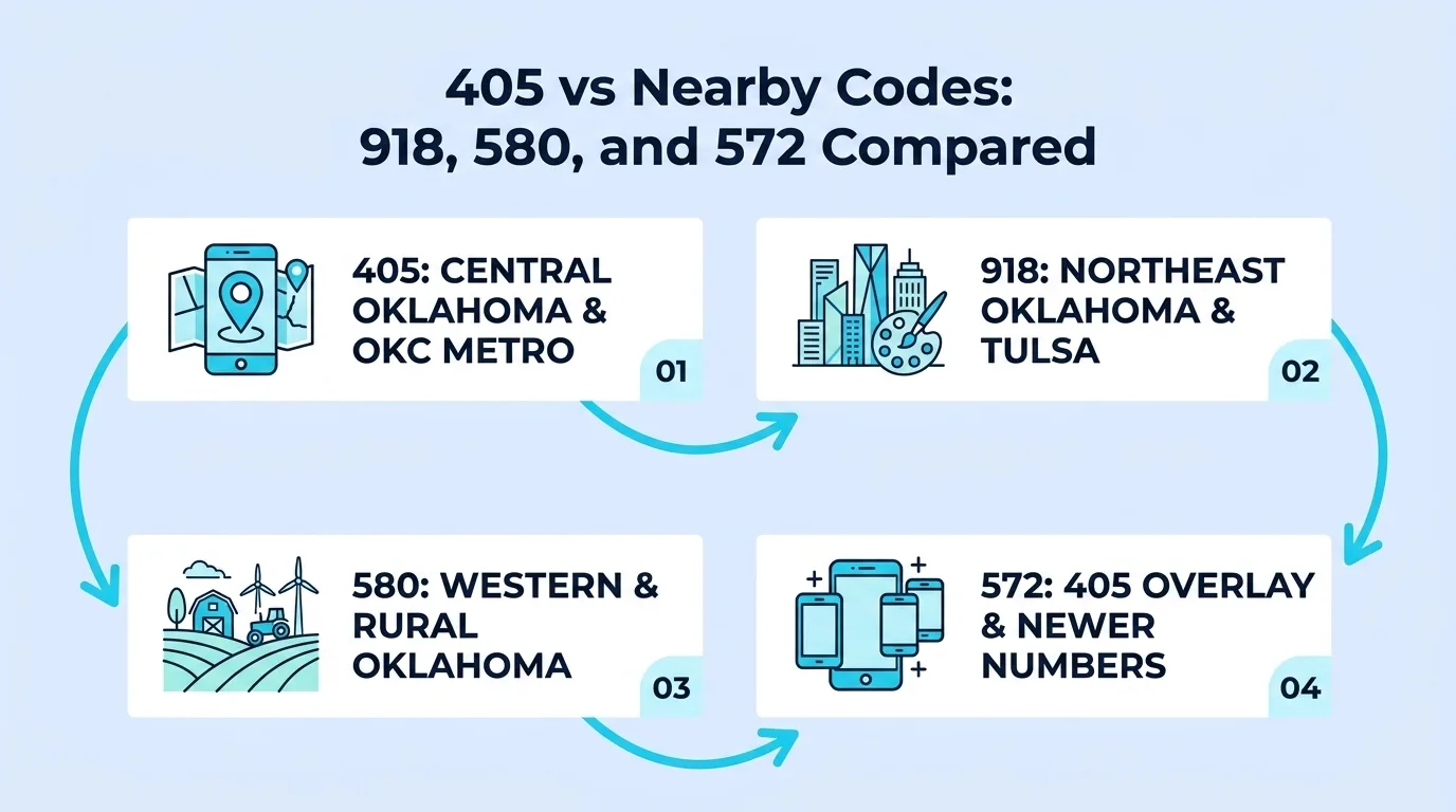 405 vs Nearby Codes: 918, 580, and 572 Compared — comparison of 405 central Oklahoma, 918 northeast Oklahoma, 580 western Oklahoma, and the 572 overlay