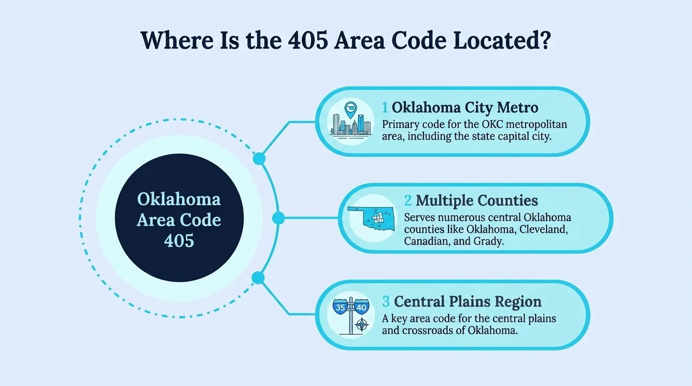 Where Is the 405 Area Code Located — infographic showing the Oklahoma City metro, multiple central counties, and the central plains region