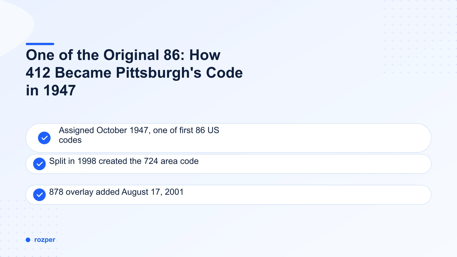 One of the Original 86: How 412 Became Pittsburgh's Code in 1947 — Timeline graphic showing 412 assigned in 1947, the 1998 split that created area code 724, and the 2001 overlay that added 878