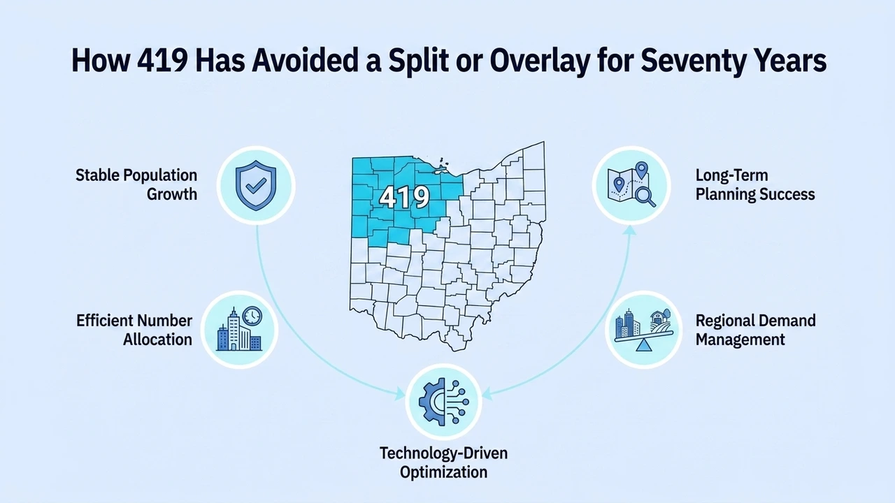 How 419 Has Avoided a Split or Overlay for Seventy Years — map of Ohio's 419 territory with stable population growth, efficient number allocation, technology-driven optimization, regional demand management, and long-term planning success
