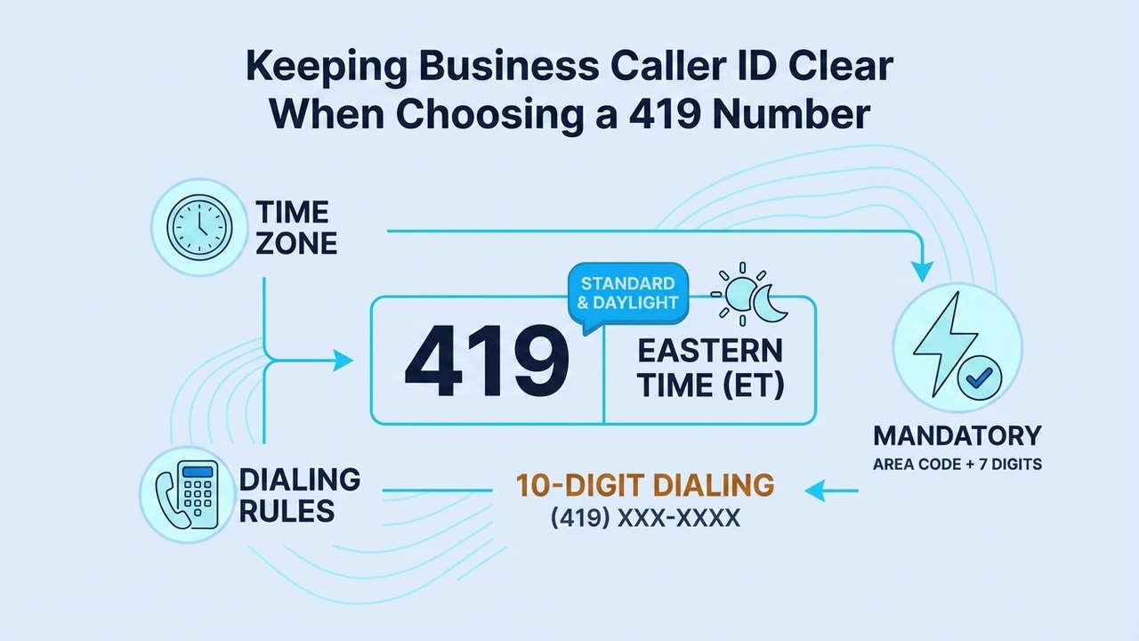 Keeping Business Caller ID Clear When Choosing a 419 Number — diagram of the 419 area code's Eastern Time zone and mandatory 10-digit dialing format