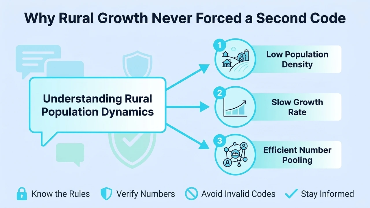 Why Rural Growth Never Forced a Second Code — diagram of rural population dynamics driving low population density, slow growth rate, and efficient number pooling